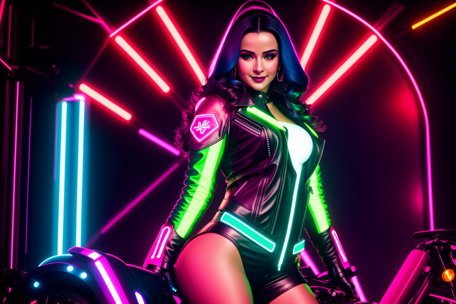 02943-1703018407-Masterpiece, 4K, HQ, , Neon Babe, looking at the viewer, symmetric, centered, smiling, lipstick, full body shot, wearing a leath.png